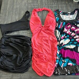 Black and Red Ruched Dresses with Colorful Print Dress sz S/XS